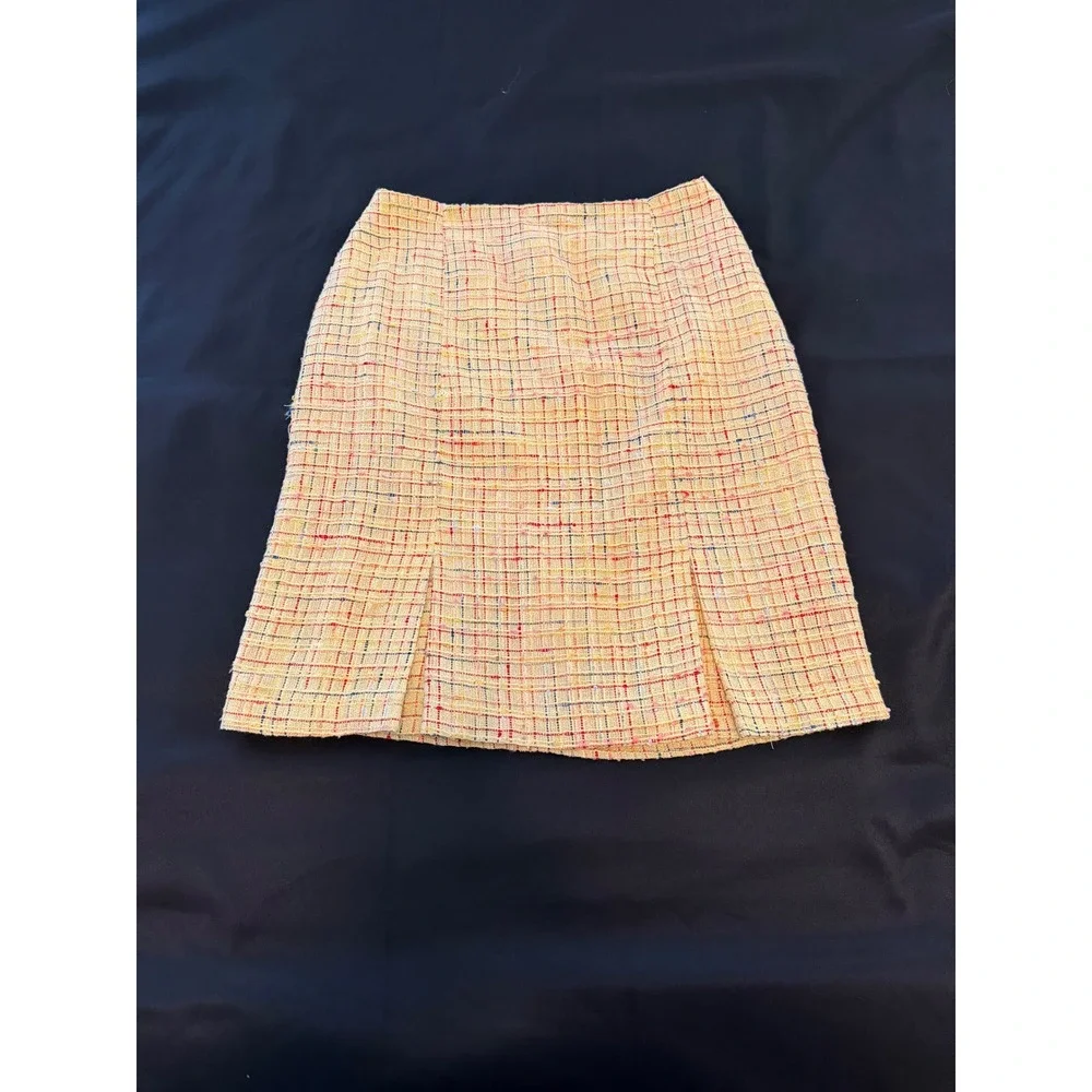 Yellow Plaid Tweed MiniSkirt Sz 10 A-Line Front Pleats Lined Vintage